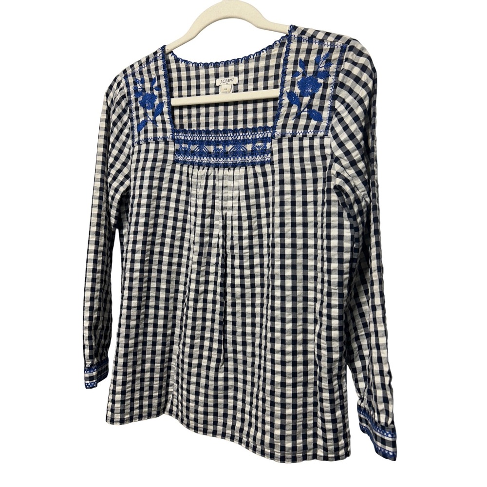 J.Crew Gingham Embroidered Square Neck Blouse Navy White XS Long Sleeve